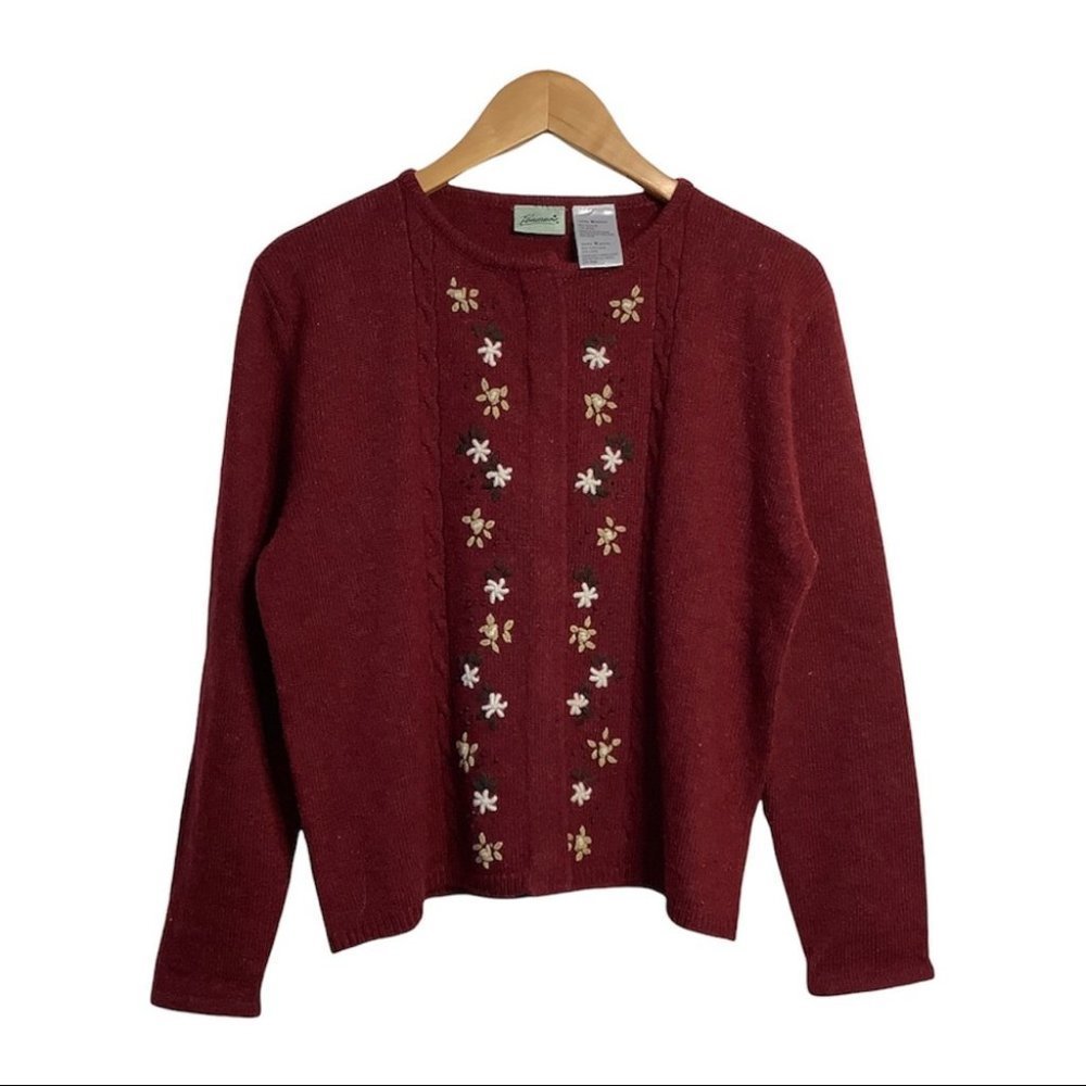 Embroidered Floral Front Cardigan Sweater - Burgundy